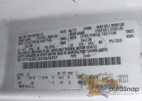 2012 Ford E-250 Commercial from USA, damaged, VIN 1FTNE2EL2CDB16707